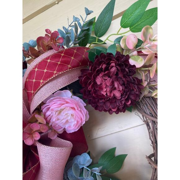 Pink Velvet Pumpkin Wreath, Burgundy & Blush Grapevine, Elegant Fall Front Door - Picture 5 of 7